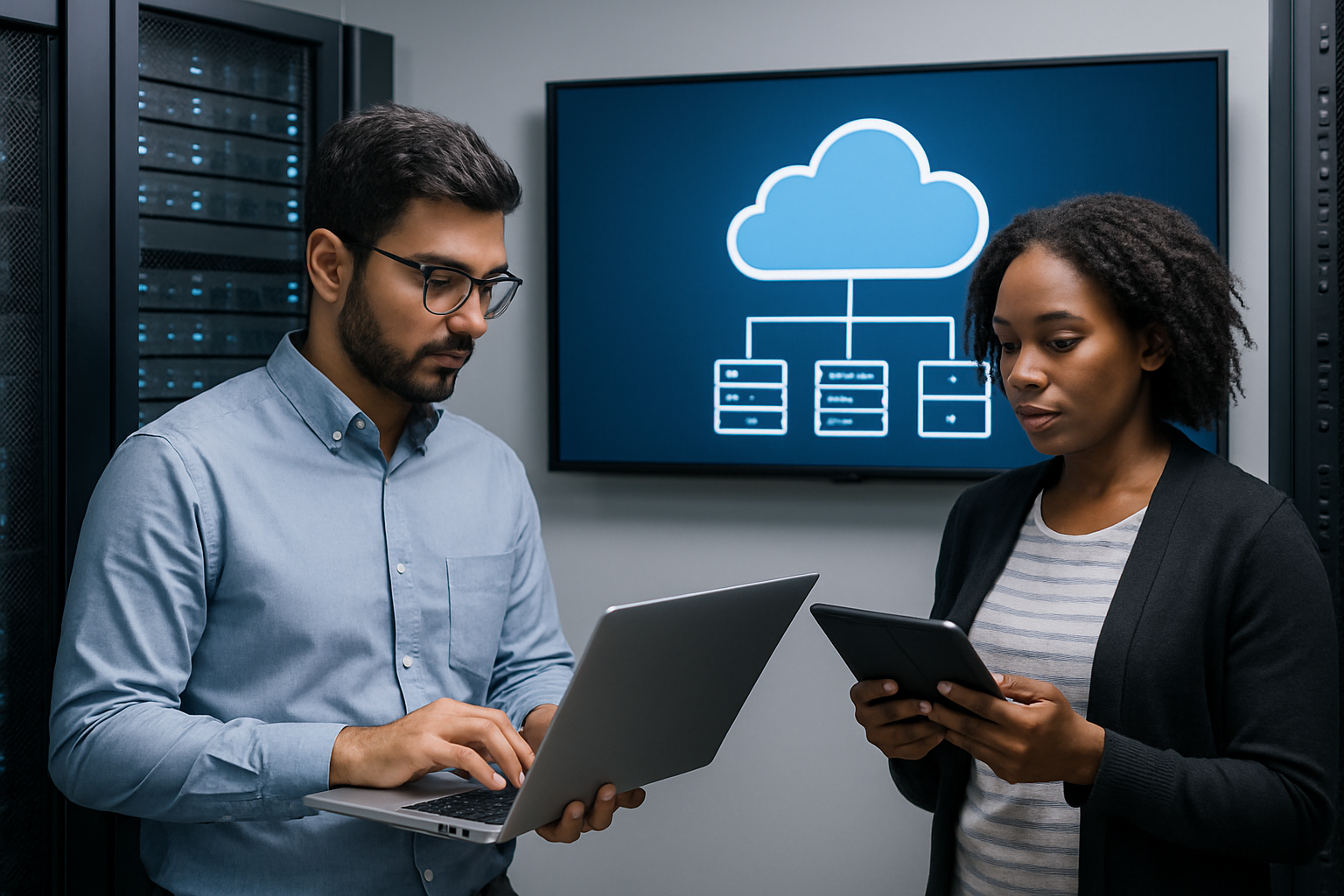 Illustration of IT professionals working with server infrastructure